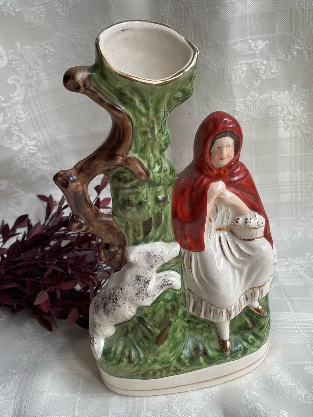Antique Victorian Staffordshire Red Riding Hood Flat Back Spill Vase